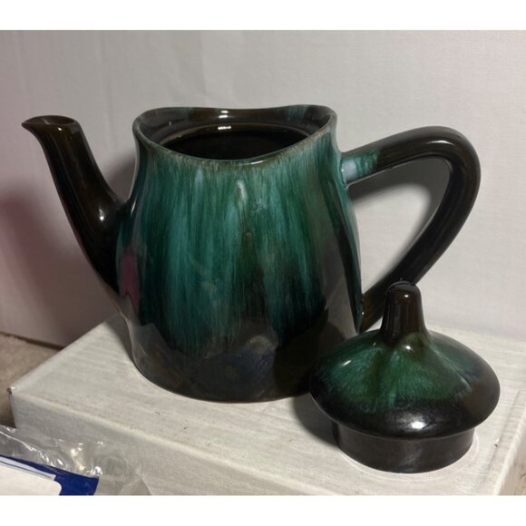 Vintage Blue Mountain Pottery Teapot Green Drip Glaze Ceramic With Lid 6.25" Tal - Picture 2 of 8
